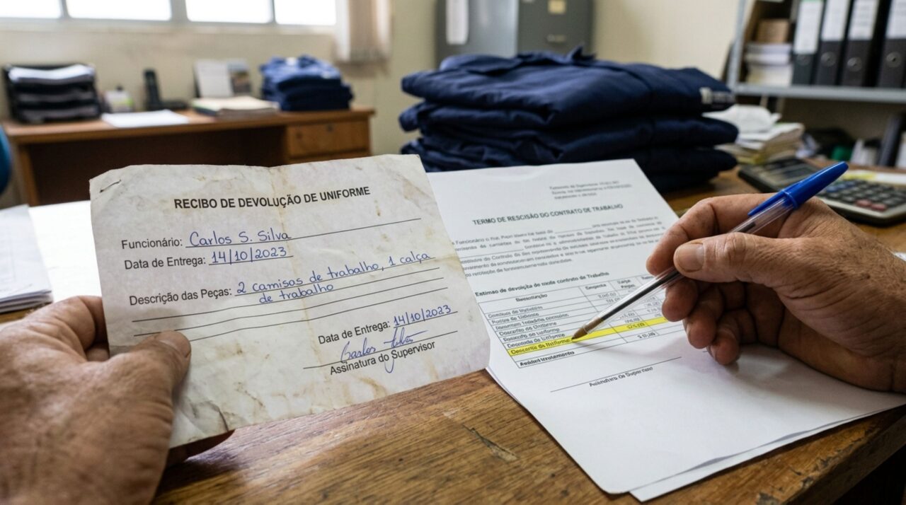 Funcionário entrega o uniforme no último dia de trabalho, encontra uma cobrança pelas peças no acerto da rescisão e procura o departamento pessoal, mas o recibo assinado pelo supervisor mostra que a devolução ocorreu antes do desligamento