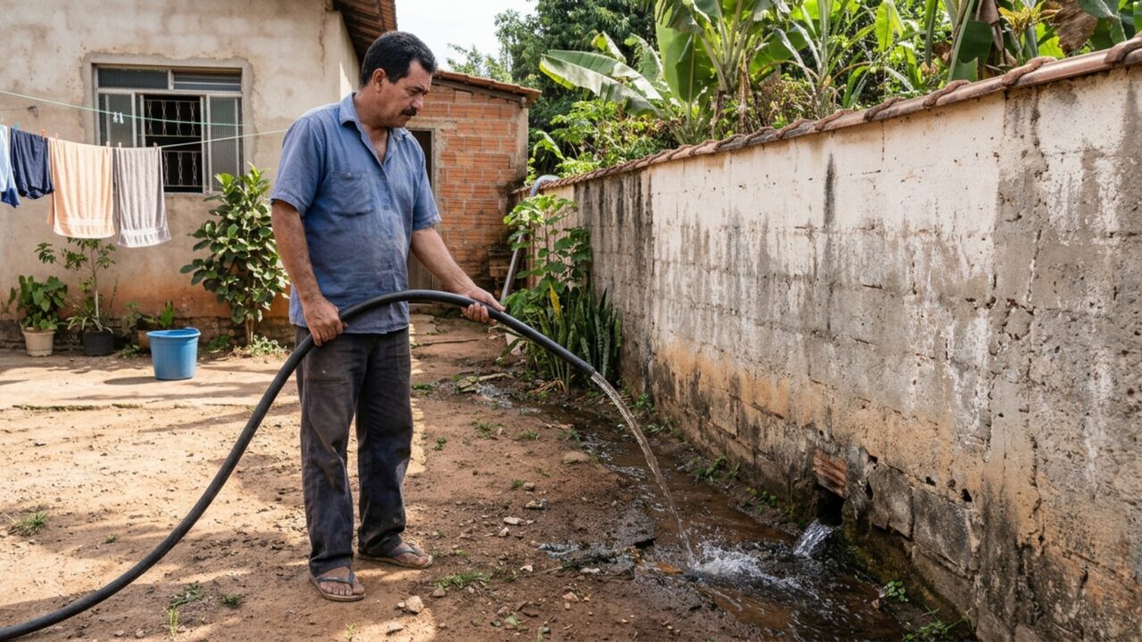 Depois que uma família instala piscina inflável grande no quintal, vizinho reclama que a água do esvaziamento passa por baixo do muro e encharca sua horta