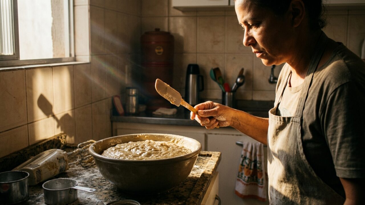 O bolo pode sair pesado mesmo com fermento suficiente quando a massa continua sendo batida por muito tempo depois que a farinha entra na tigela
