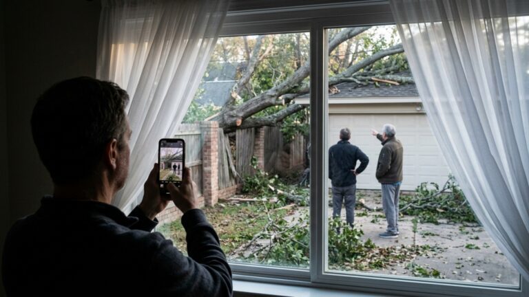 Uma árvore cai sem atingir nenhuma casa, mas o prejuízo aparece no muro, no telhado e na garagem, e os vizinhos não concordam sobre de quem ela era