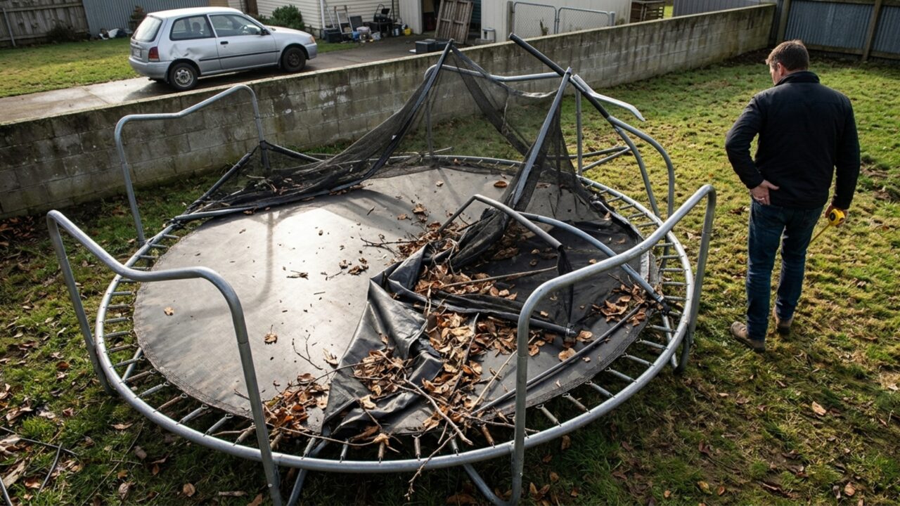 Família instala uma cama elástica no quintal e, depois de uma ventania, encontra o brinquedo encostado no carro que estava estacionado alguns metros adiante