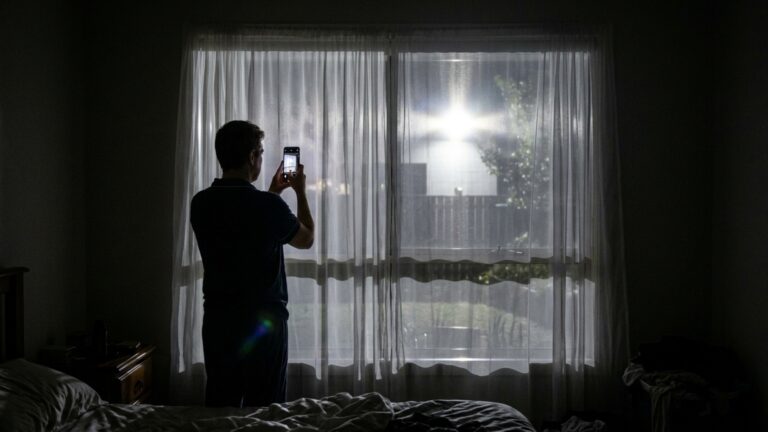 O vizinho não mexe na divisa, mas coloca um refletor tão forte no quintal que o quarto ao lado permanece iluminado mesmo com a cortina fechada