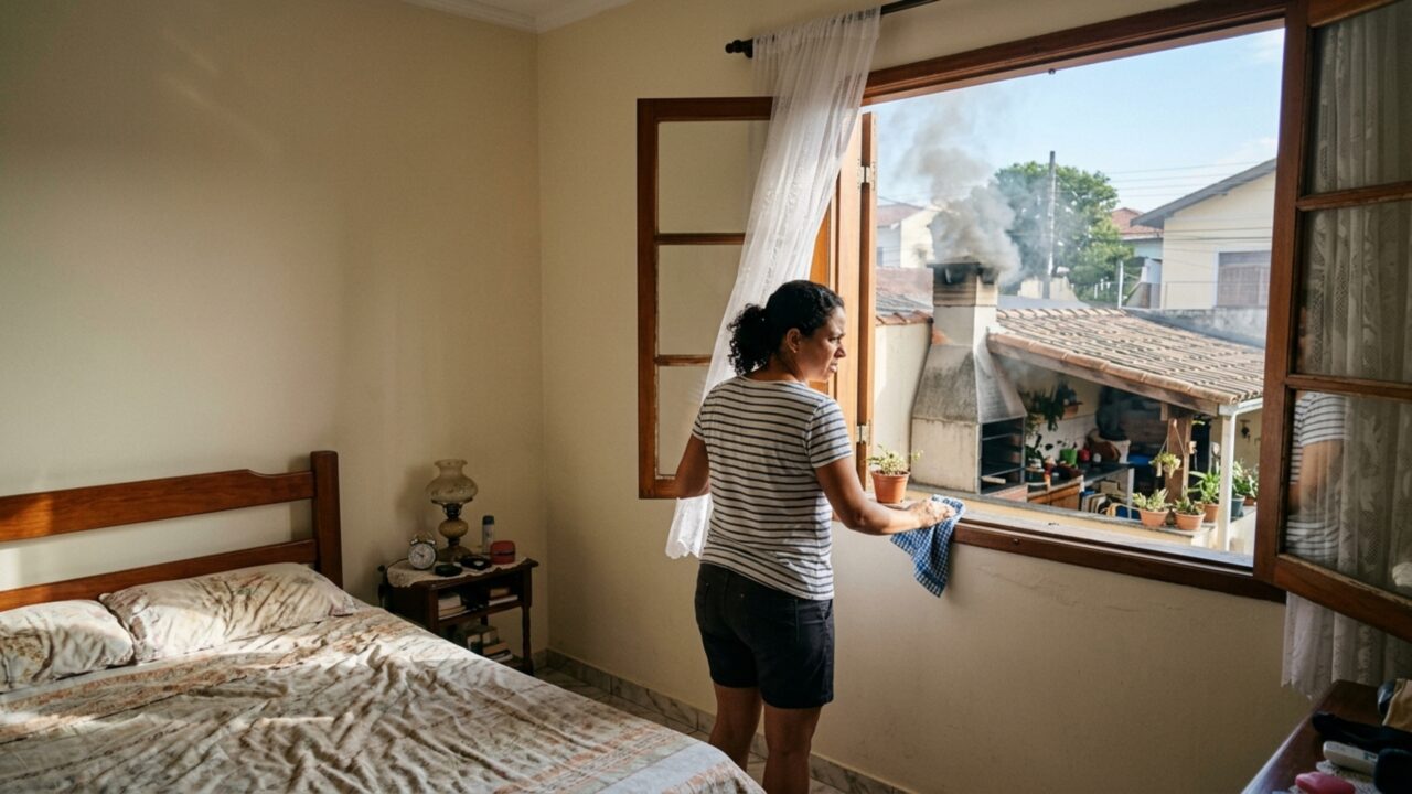 Vizinho eleva a churrasqueira com mais uma fileira de tijolos para afastar a fumaça e acaba deixando a saída exatamente na altura da janela do segundo andar ao lado