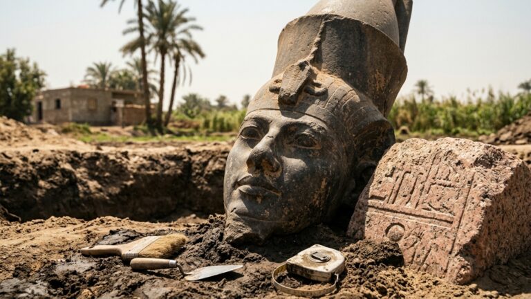 Um morador achou um bloco inscrito no próprio terreno e arqueólogos terminaram diante de duas estátuas colossais de Ramsés II