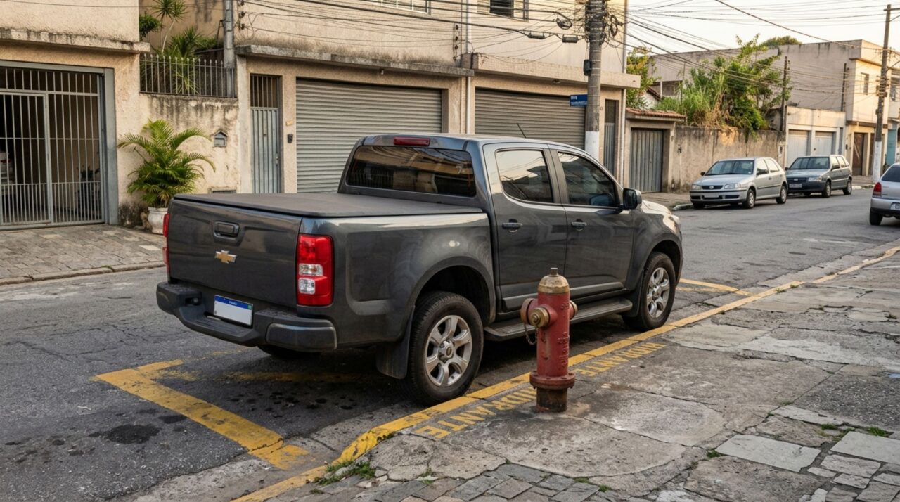 Dono de caminhonete estaciona ao lado de um hidrante identificado na rua, acredita que o equipamento só precisa ficar livre em caso de incêndio e descobre por que o CTB protege esses pontos de acesso