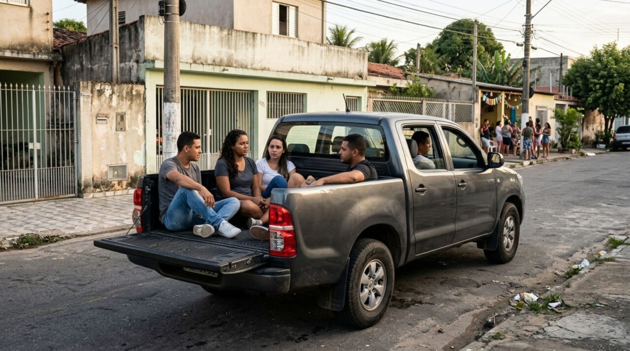Casal compra uma caminhonete e decide transportar amigos na carroceria durante uma festa, mas descobre que, a curta distância do percurso, não dispensa as regras para transporte de passageiros
