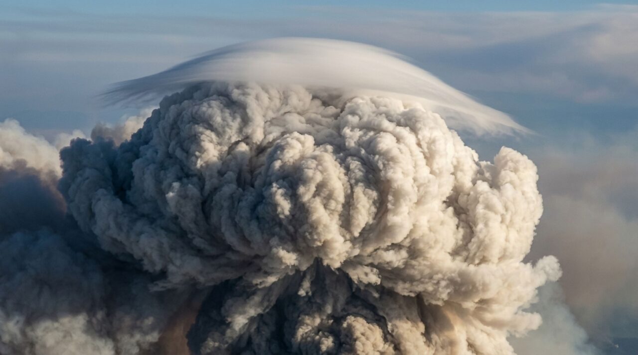 Camada de condensação lisa e passageira se forma acima da nuvem de incêndio durante uma corrente ascendente intensa