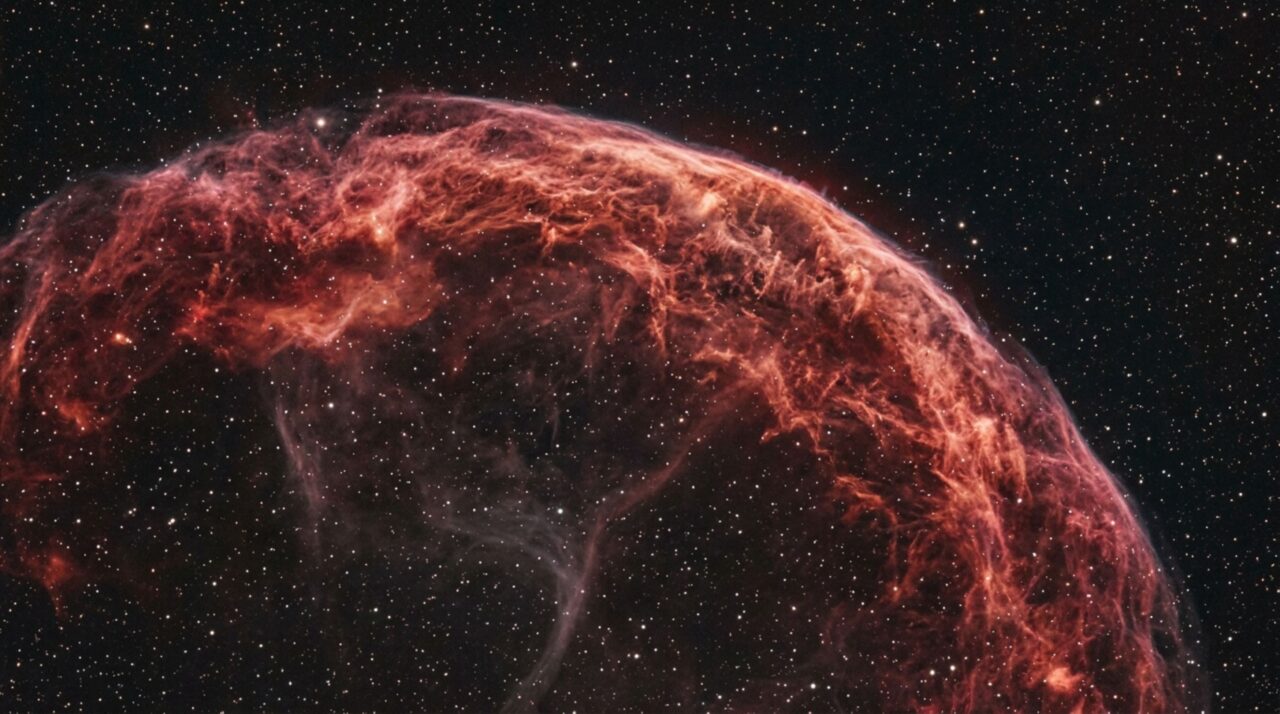 Filamentos luminosos de Sh2-188 revelam a região onde o gás expelido pela estrela interage com o meio interestelar