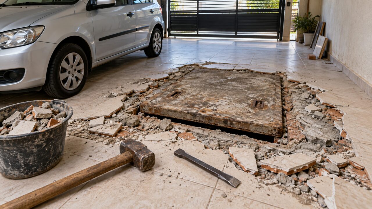 Família começa a retirar o piso antigo da garagem e encontra uma cisterna desativada sob o espaço onde estacionava o carro todos os dias