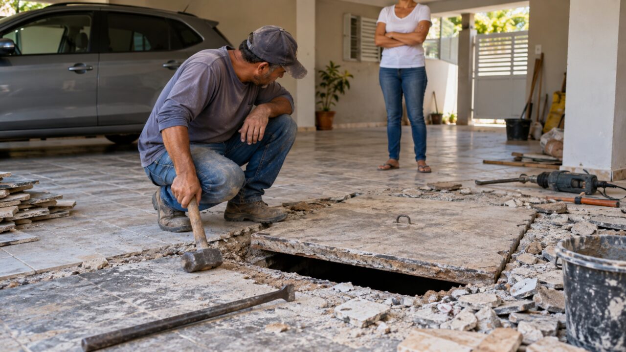 Família começa a retirar o piso antigo da garagem e encontra uma cisterna desativada sob o espaço onde estacionava o carro todos os dias