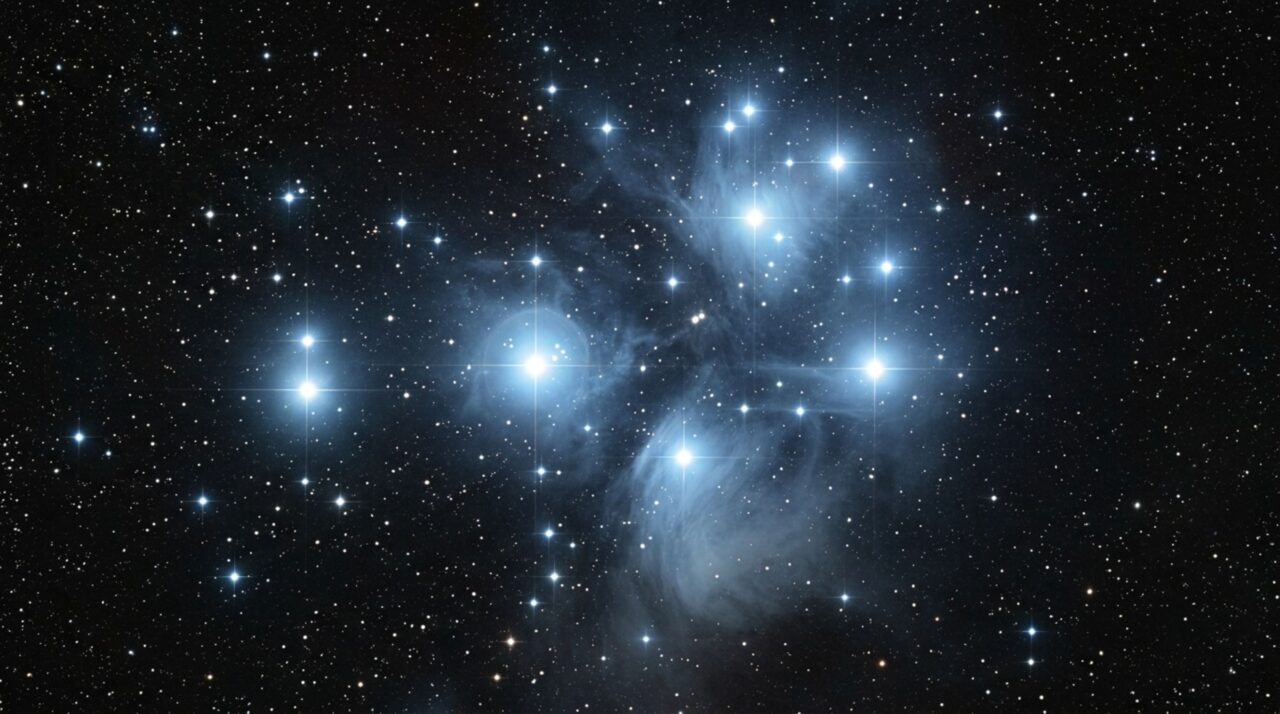 As Plêiades formam um aglomerado de estrelas jovens situado a cerca de 445 anos-luz da Terra, conhecido por seus astros azulados e nuvens de poeira iluminadas