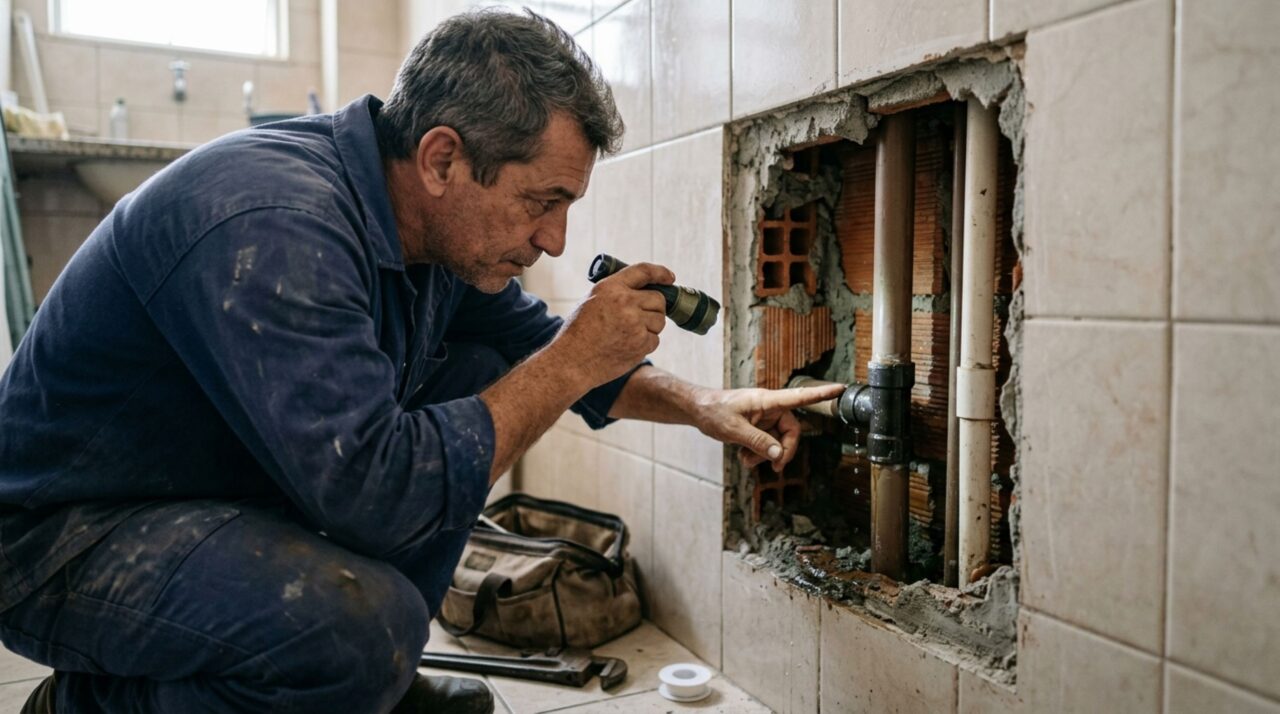 Moradora encontra manchas no teto do banheiro, cobra uma reforma do vizinho de cima e vê o conflito aumentar durante semanas, mas um teste realizado pelo encanador identifica o vazamento em uma tubulação que atende vários apartamentos