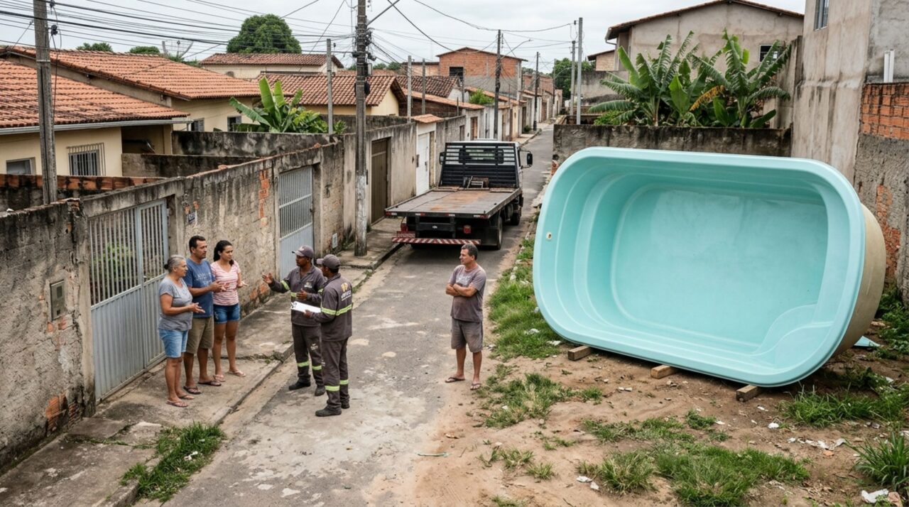 Família compra uma piscina de fibra para instalar no quintal e descobre que o caminhão não consegue entrar na rua estreita, deixando o equipamento em um terreno particular sem autorização