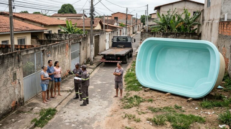 Família compra uma piscina de fibra para instalar no quintal e descobre que o caminhão não consegue entrar na rua estreita, deixando o equipamento em um terreno particular sem autorização