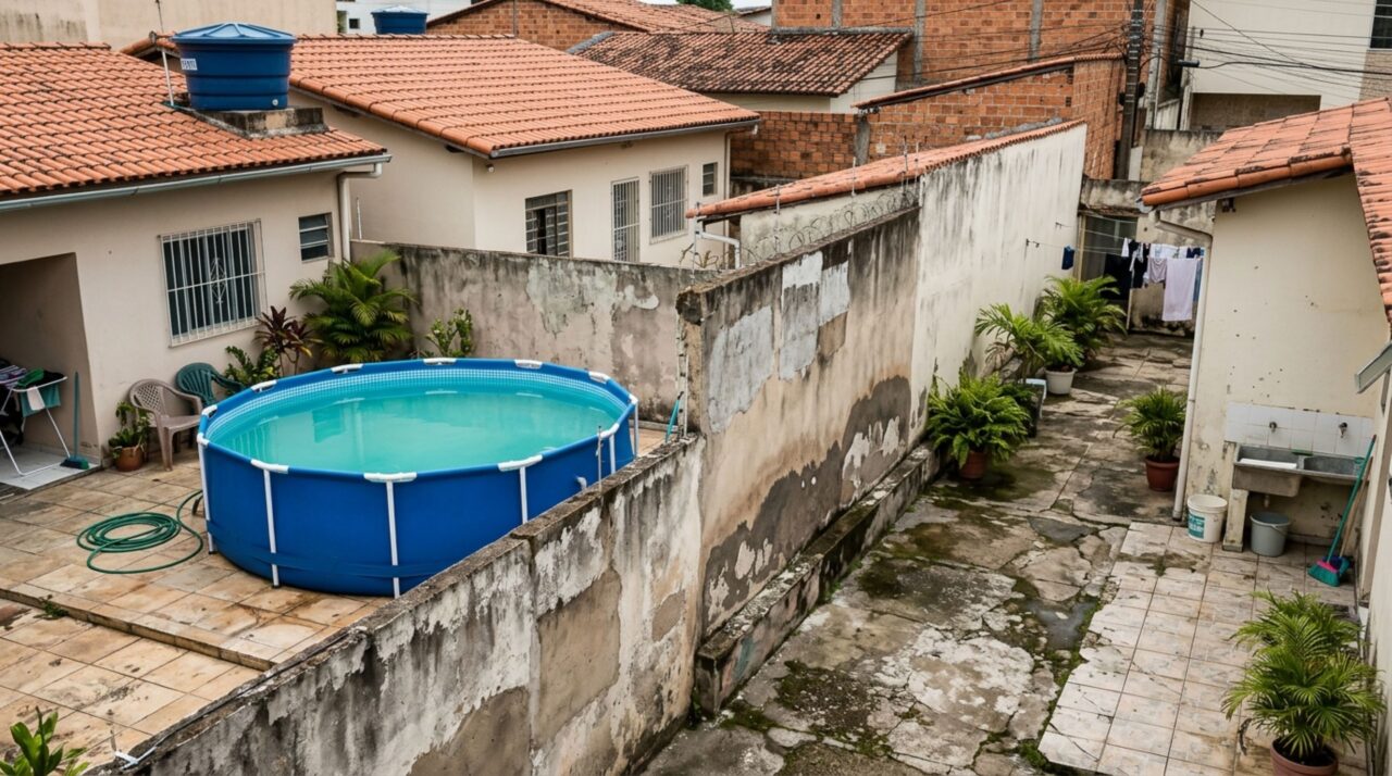 Casal instala uma piscina elevada no quintal para aproveitar os dias quentes e morador da casa ao lado percebe manchas de umidade surgindo na parede que divide os terrenos