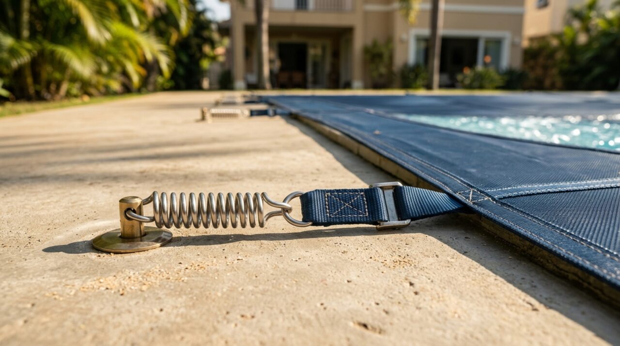 Detalhe de cinta tensionada e âncora metálica fixada no piso de concreto, sustentando uma cobertura de segurança instalada sobre piscina residencial.