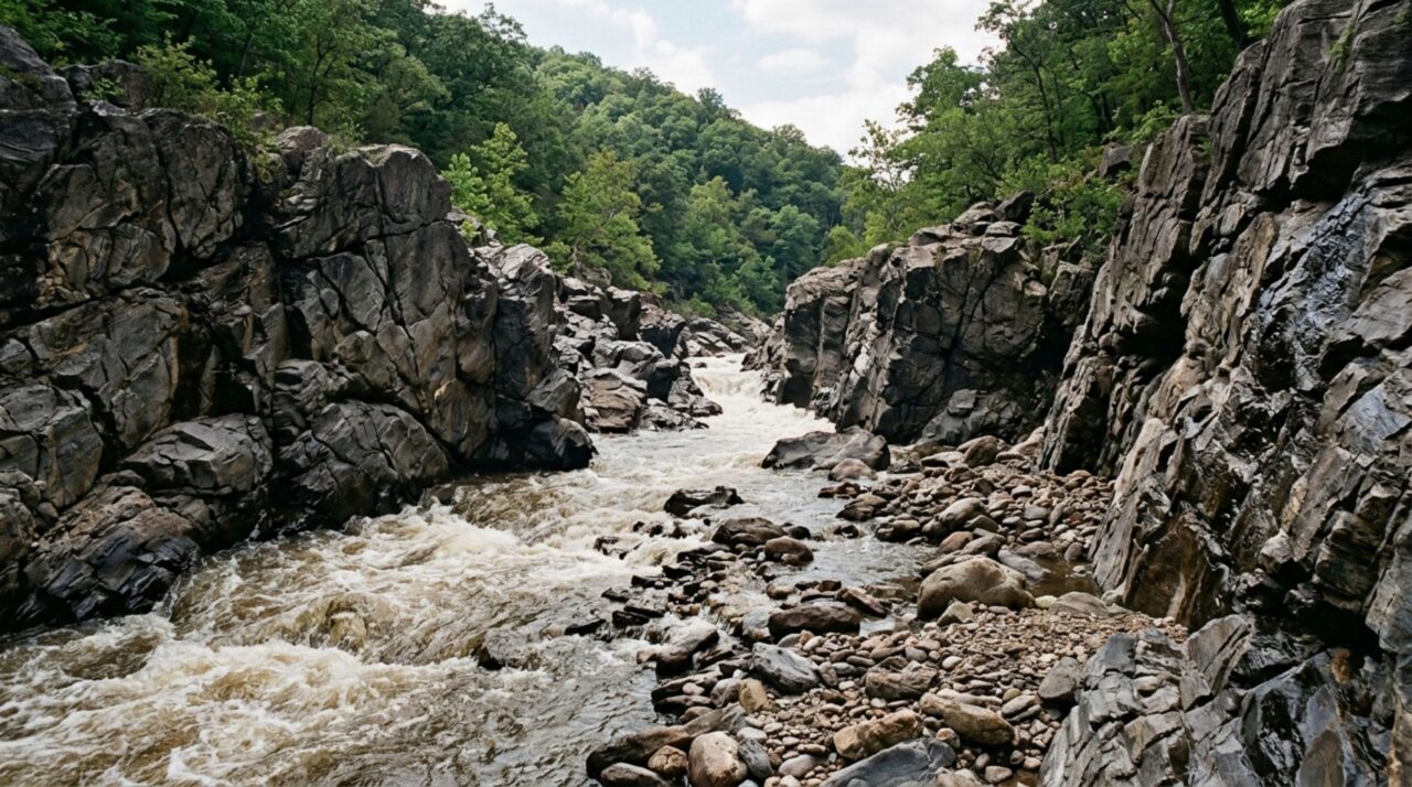 Fraturas e sedimentos abrasivos ajudam o Potomac a aprofundar lentamente Mather Gorge