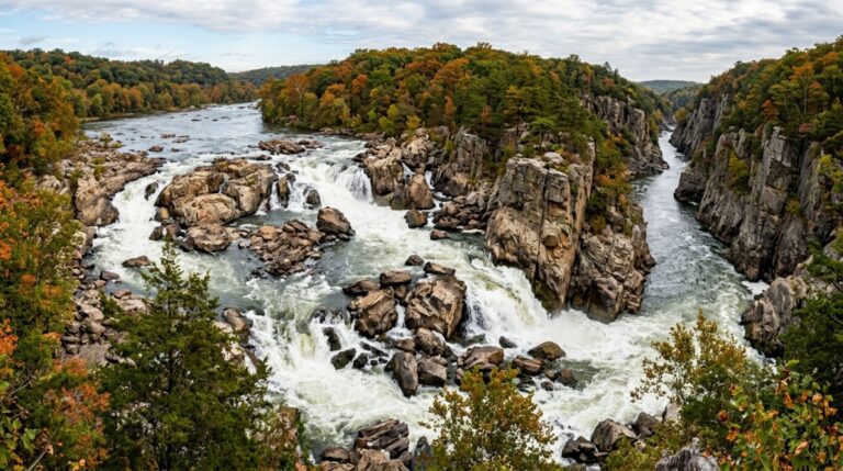 Great Falls comprime o Potomac entre rochas resistentes e concentra a descida em um corredor estreito
