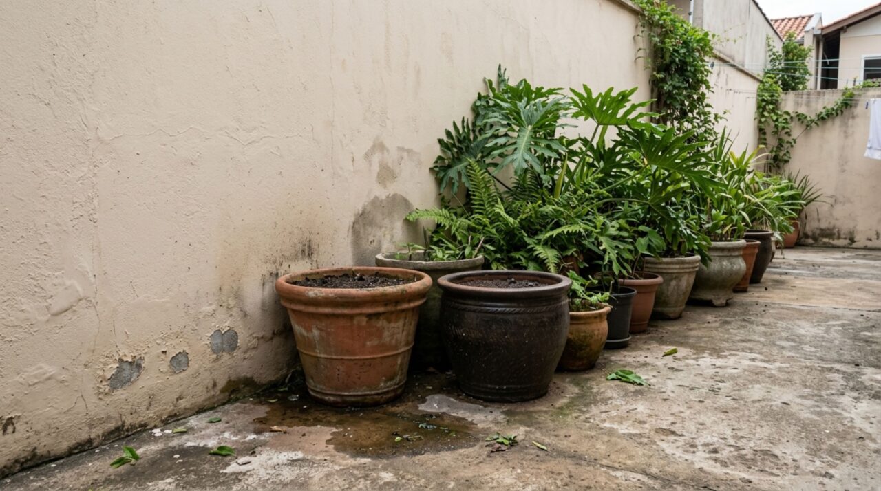 Moradora coloca vasos grandes ao longo do muro para ter mais privacidade e meses depois encontra manchas de umidade aparecendo do outro lado da parede