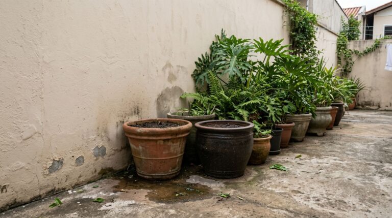 Vasos grandes encostados ao muro podem manter a base da alvenaria úmida após regas frequentes