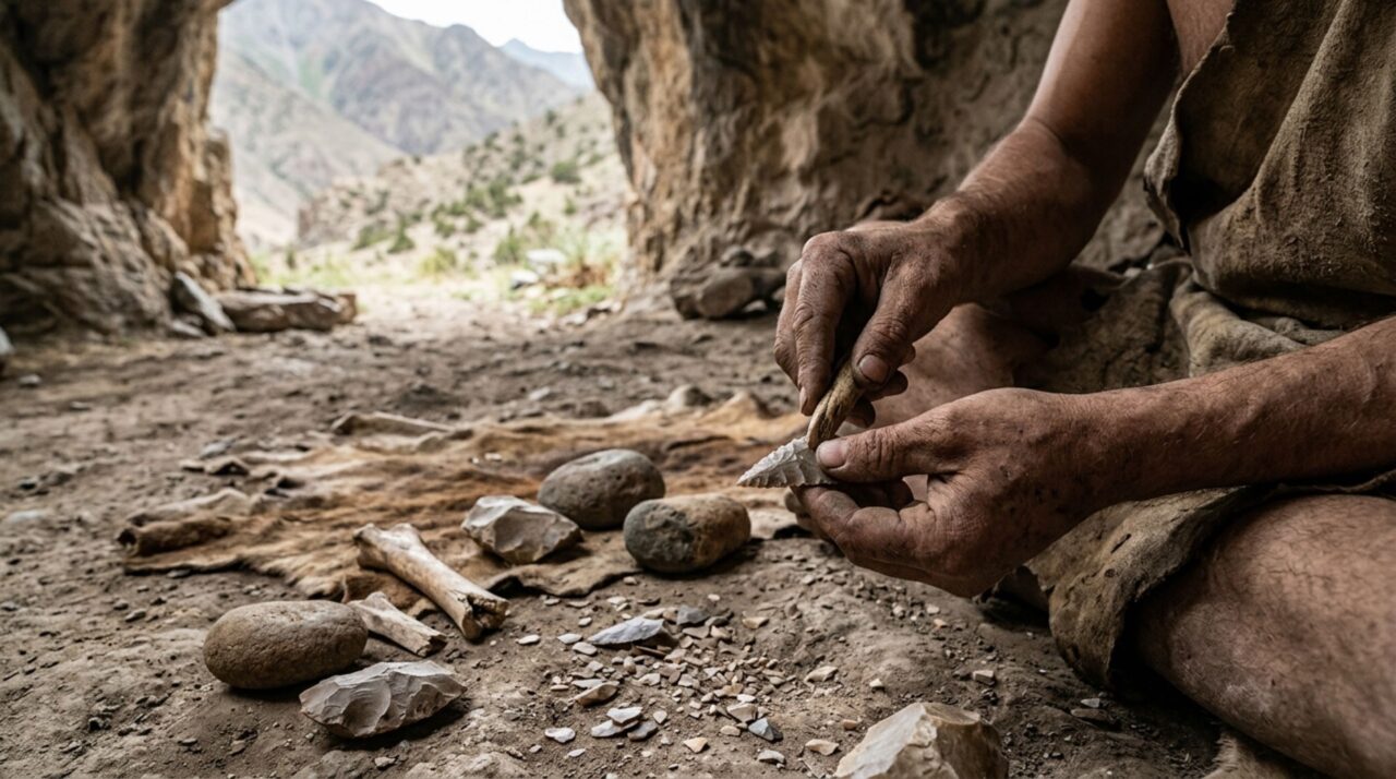 Reconstrução hipotética da fabricação de pequenas pontas de pedra no Paleolítico, cuja possível utilização em flechas ainda depende de novas evidências arqueológicas