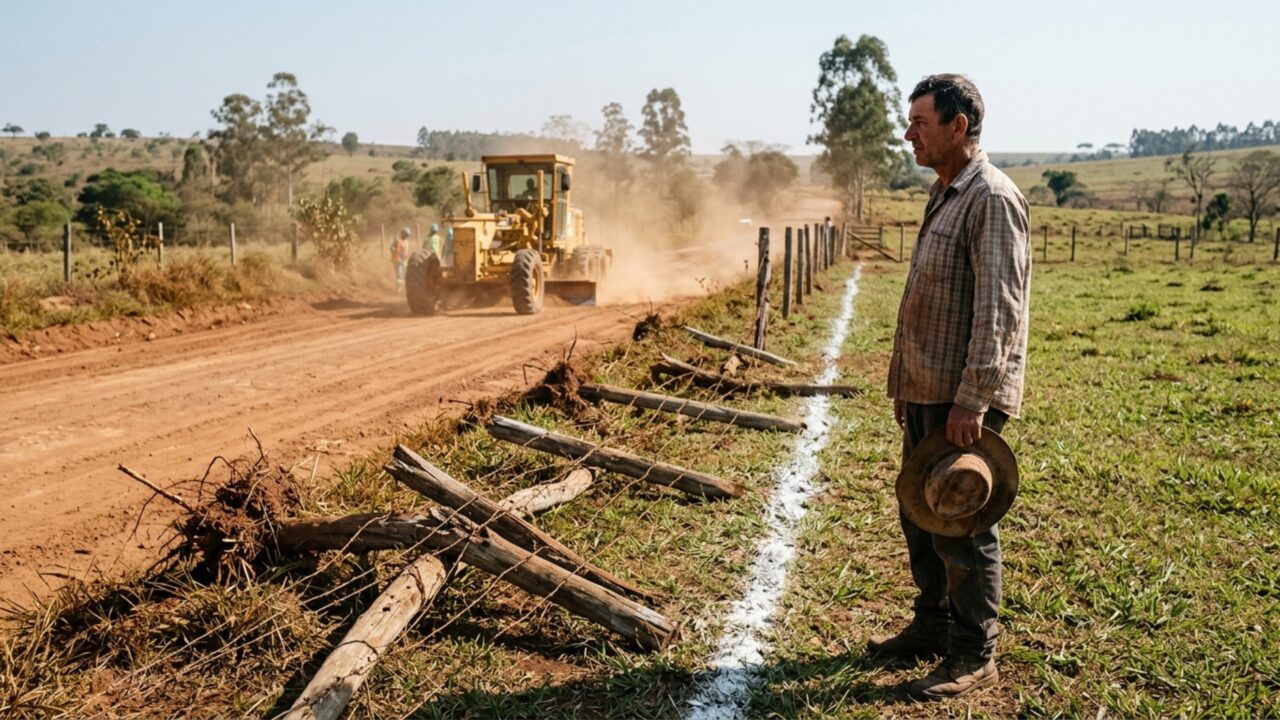 Produtor autoriza manutenção de uma estrada rural e encontra a cerca recuada para abrir passagem mais larga aos caminhões de outra fazenda