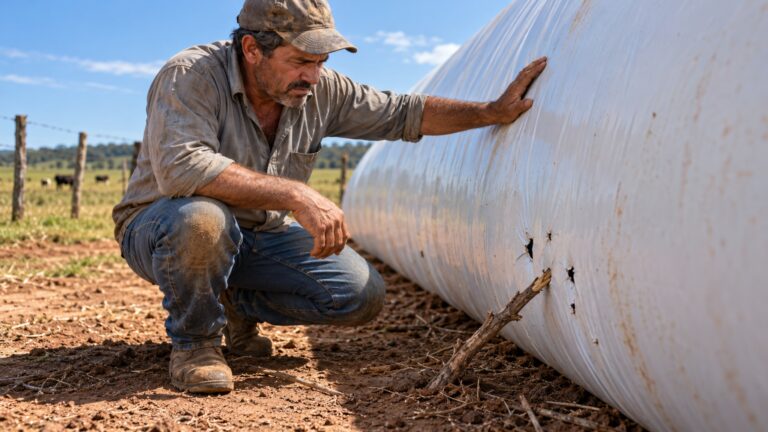 Produtor coloca o silo-bolsa sobre uma área que parecia limpa e encontra pequenos rasgos junto aos galhos que ficaram escondidos debaixo do plástico