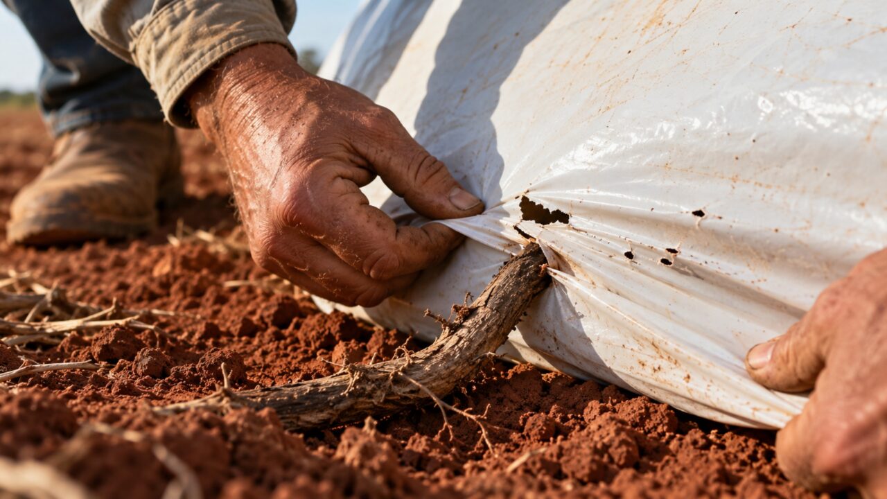 Produtor coloca o silo-bolsa sobre uma área que parecia limpa e encontra pequenos rasgos junto aos galhos que ficaram escondidos debaixo do plástico