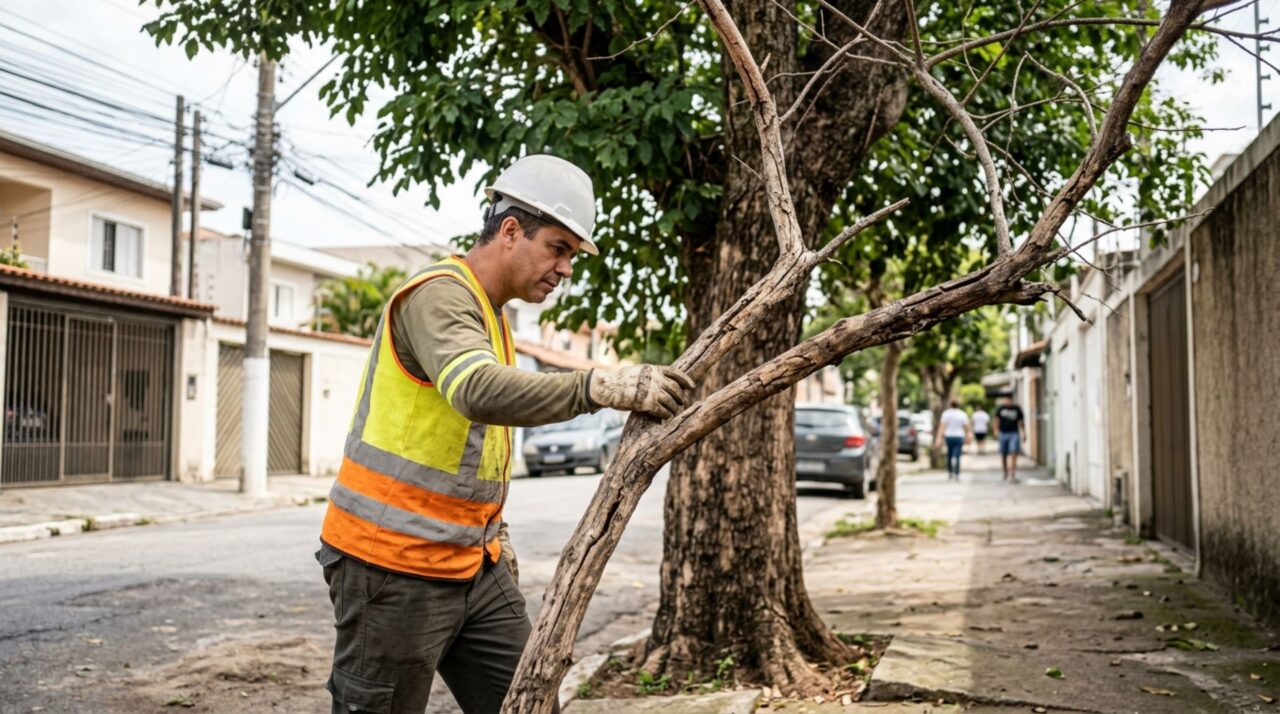 Avaliação técnica ajuda a identificar galhos perigosos e evitar podas excessivas em árvores urbanas