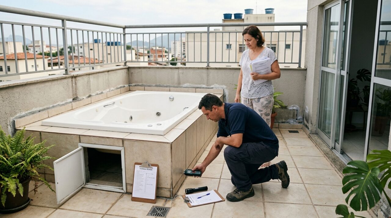 Família instala uma banheira de hidromassagem no terraço para relaxar nos fins de semana, e vizinho percebe manchas escuras surgindo no teto da sala logo abaixo