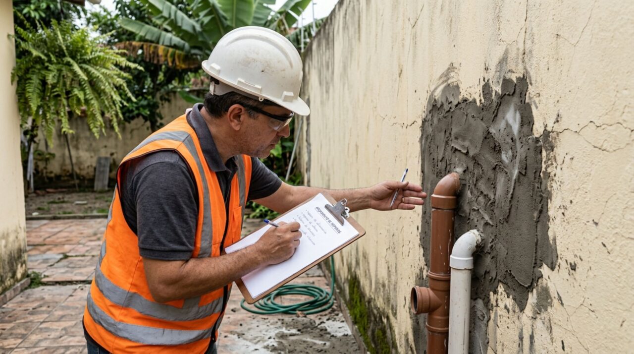 Casal descobre que o vizinho derrubou o muro recém-reformado para instalar canos de esgoto e, ao cobrar a reconstrução, recebe proposta de fechar apenas a abertura com acabamento simples