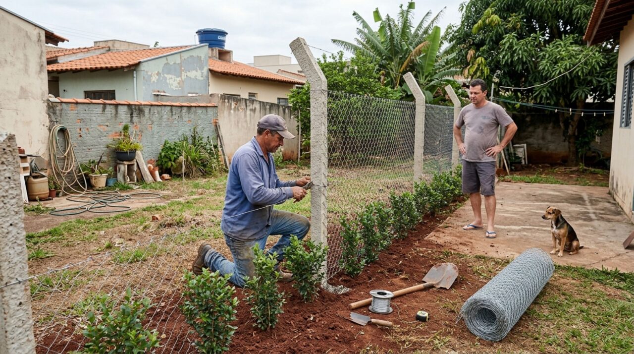 Família volta do feriado e encontra a cerca viva de murta removida junto com a tela que separava os terrenos, exige a reconstrução do fechamento antes de deixar os animais no quintal