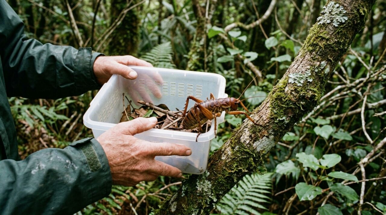 Programas de reprodução e soltura em áreas protegidas permitiram ampliar a distribuição do wētāpunga e confirmar novas gerações nascidas na natureza