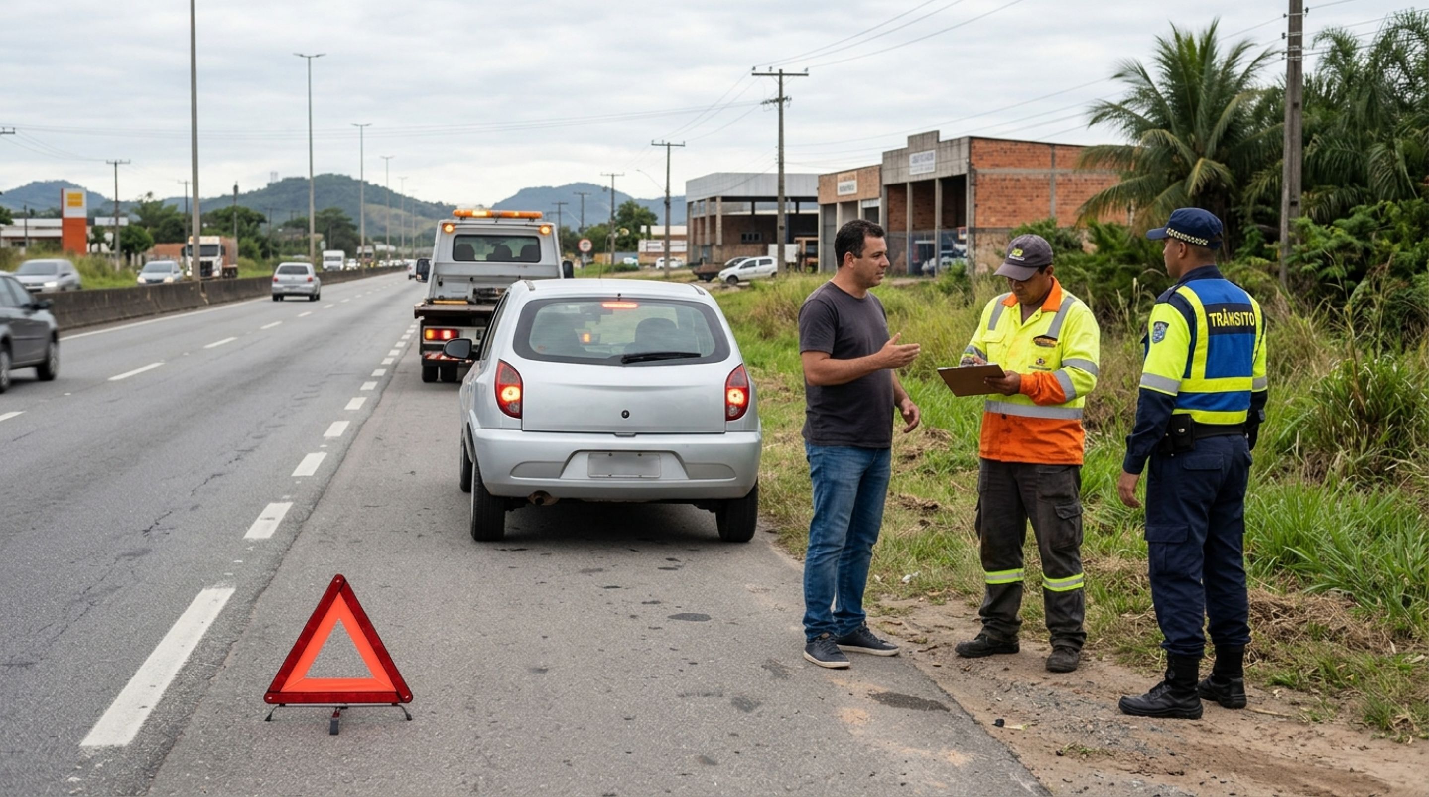 Motorista percebe que está ficando sem combustível durante uma viagem, ignora o último posto da rodovia e carro morre no meio da rua, agentes aparecem e condutor descobre que deixar o carro parar por falta de gasolina também pode resultar em multa