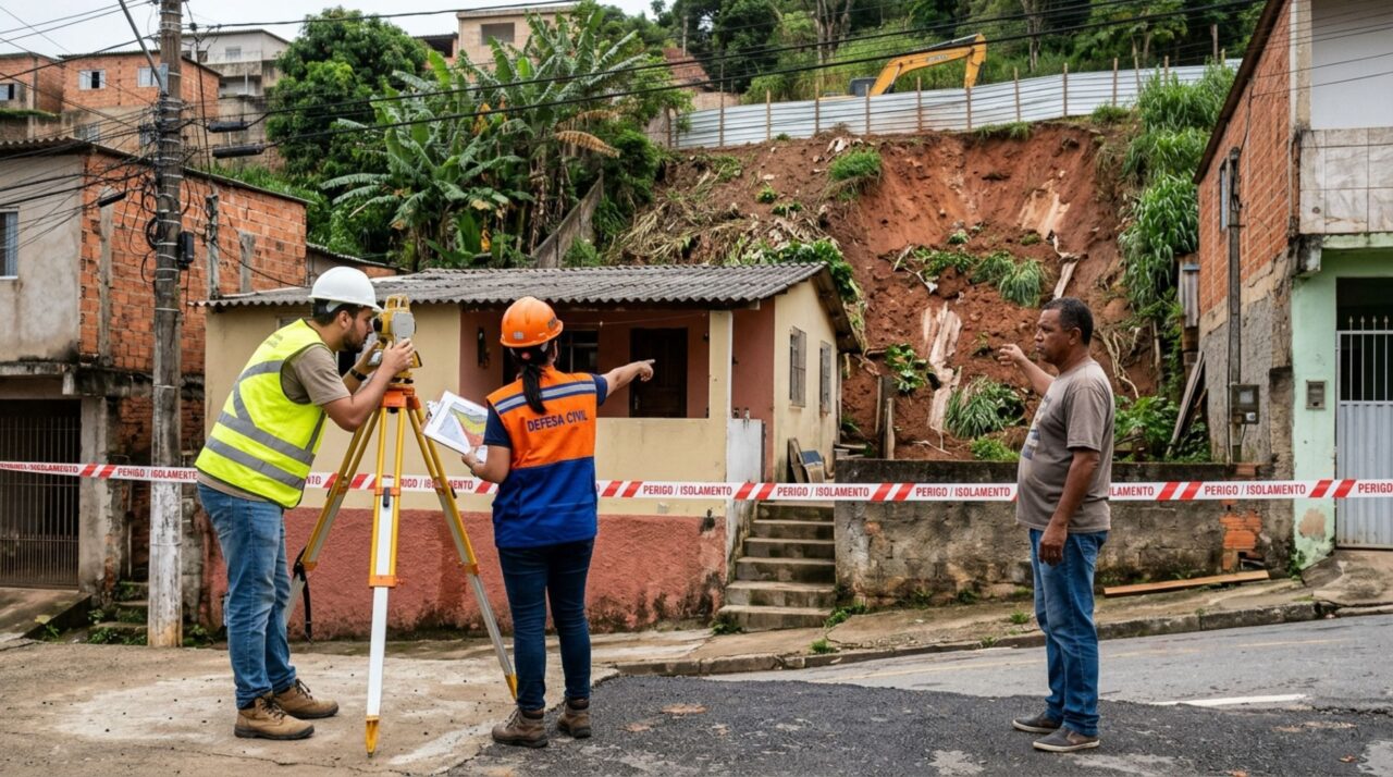 Família tem parte do quintal tomada pela lama depois que uma encosta próxima a uma obra pública desmorona durante a chuva e procura a prefeitura para cobrar os danos causados à residência
