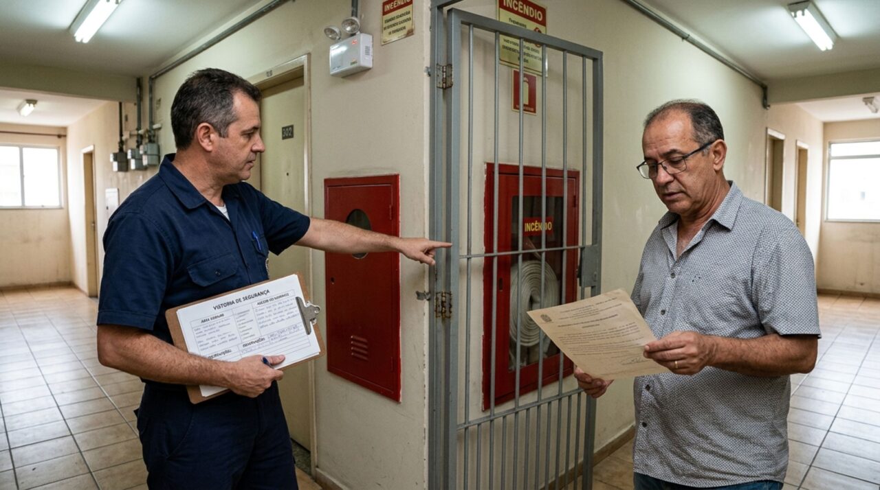 Morador coloca uma porta no corredor para aproveitar o espaço diante de seu apartamento, vizinhos descobrem que a estrutura bloqueia o acesso ao hidrante e pedem a remoção, mas ele afirma que o síndico anterior autorizou a instalação