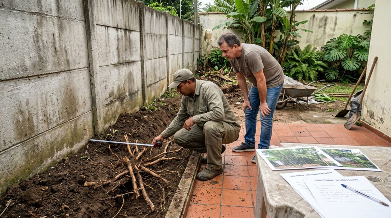 Moradora chega em casa e descobre que o vizinho arrancou a cerca de bambus para instalar placas de concreto, exige reposição e contesta a alegação de que as raízes invadiam o outro lote