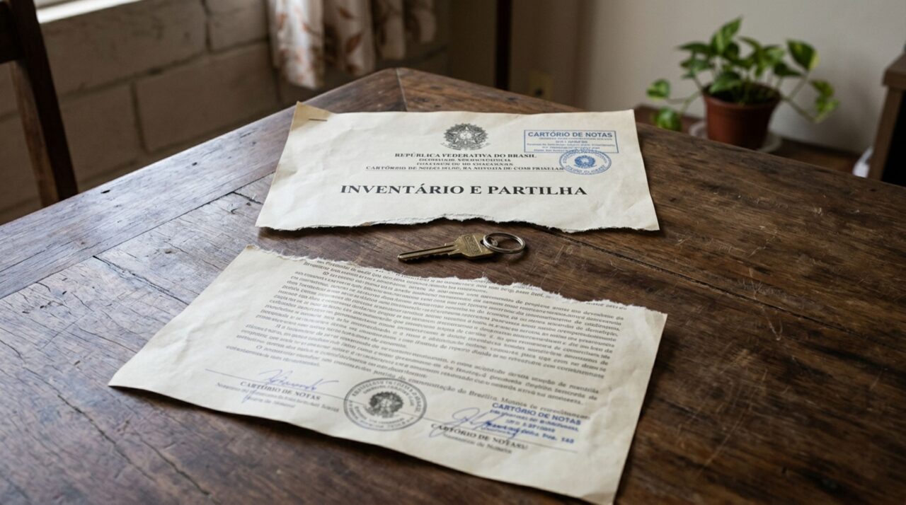 Pasta de inventário com documentos de imóveis, doações e dívidas organizados sobre mesa, ao lado de uma chave de casa