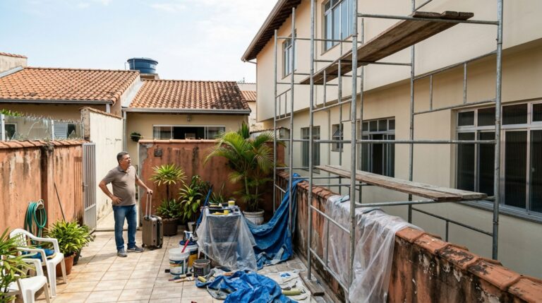 Família contrata trabalhadores para pintar a fachada de casa, vizinho descobre andaimes e ferramentas dentro de seu quintal enquanto estava viajando e exige reparação, mas o empreiteiro afirma que o acesso era necessário para concluir o serviço