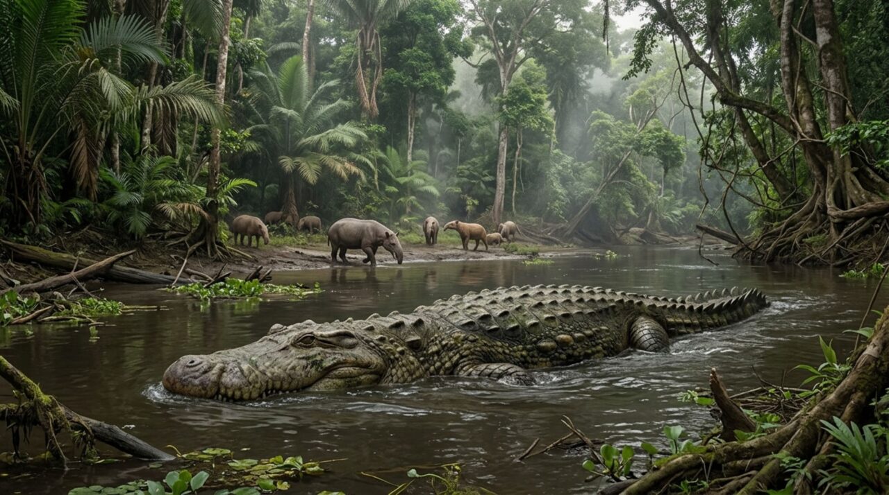 Um crocodiliano de sete metros deixou marcas nos ossos de presas gigantes: fósseis ajudam a reconstruir quem dominava a cadeia alimentar sul-americana