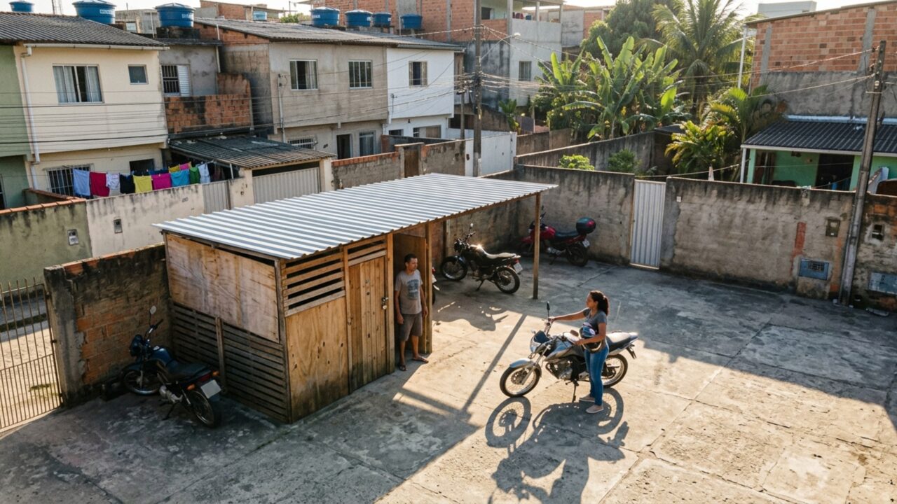 Quatro moradores pagam uma cobertura para proteger as motos e um deles fecha as laterais para transformar a área em depósito particular