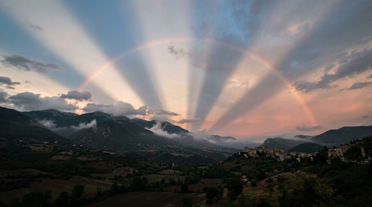 Um arco-íris pareceu nascer do lado oposto ao Sol e se abriu como um leque no céu em uma geometria rara