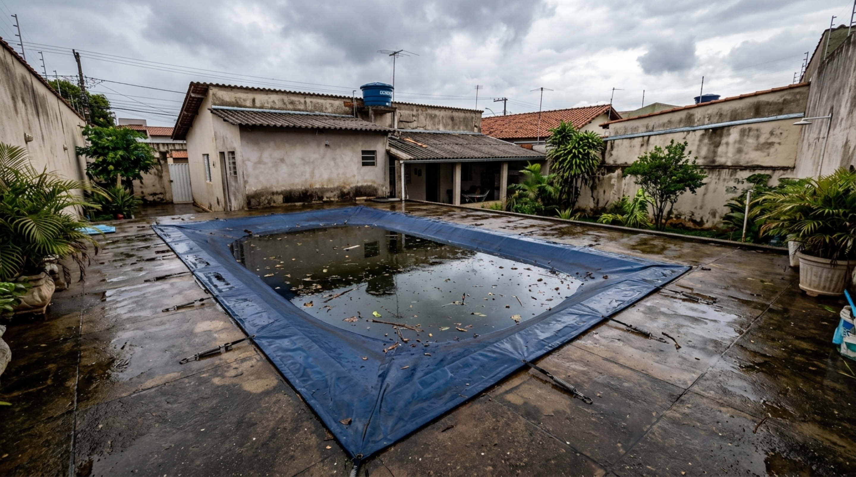 Família investe R$ 5.200 em cobertura reforçada para piscina de 32 m² para proteger os filhos pequenos, mas após uma forte tempestade descobre que o peso da água e dos galhos pode fazer toda a estrutura desabar e provocar um prejuízo ainda maior