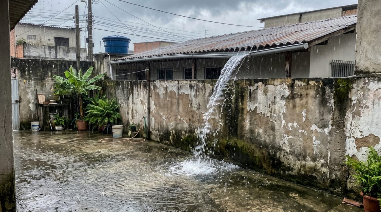 Morador troca o telhado de barro por telhas metálicas para acabar com as goteiras e vizinha percebe após a primeira chuva que a nova calha despeja toda a água diretamente sobre o quintal da casa dela