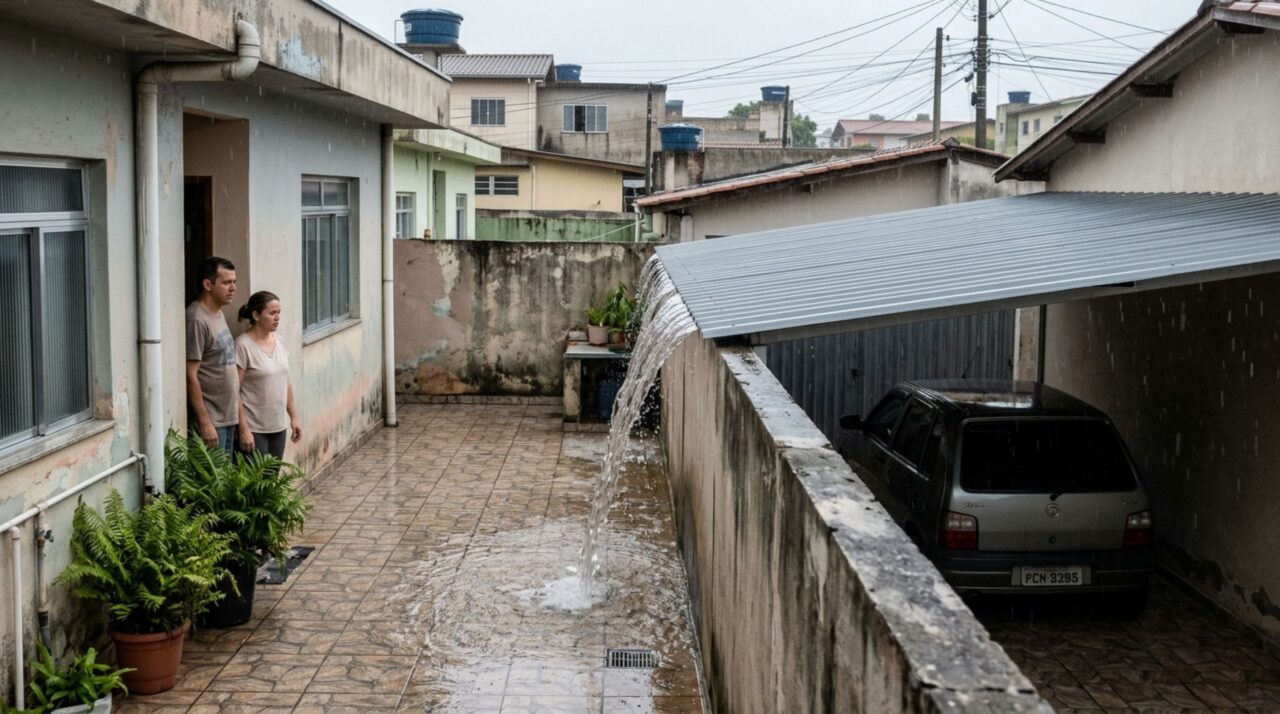 Morador instala uma cobertura metálica sobre toda a garagem para proteger os carros e família vizinha percebe que a chuva começa a escorrer diretamente para seu quintal