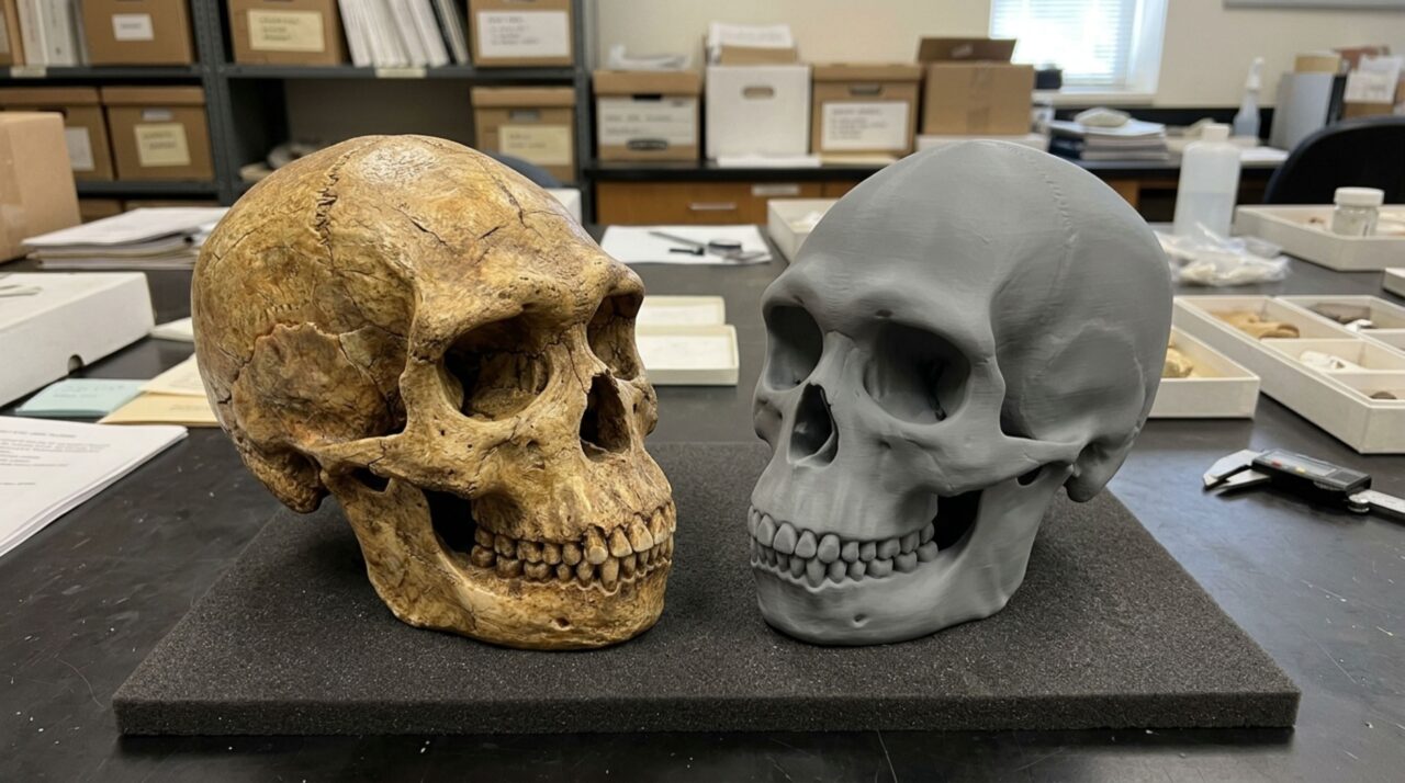 Reconstrução craniana composta reúne fragmentos fósseis utilizados como base para a aproximação facial de Jebel Irhoud