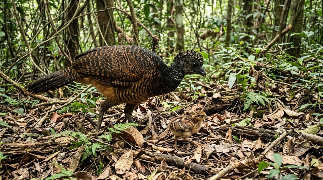 Registro de mutum-do-bico-vermelho com filhote indica reprodução na natureza, mas a estabilidade da população ainda precisa ser comprovada