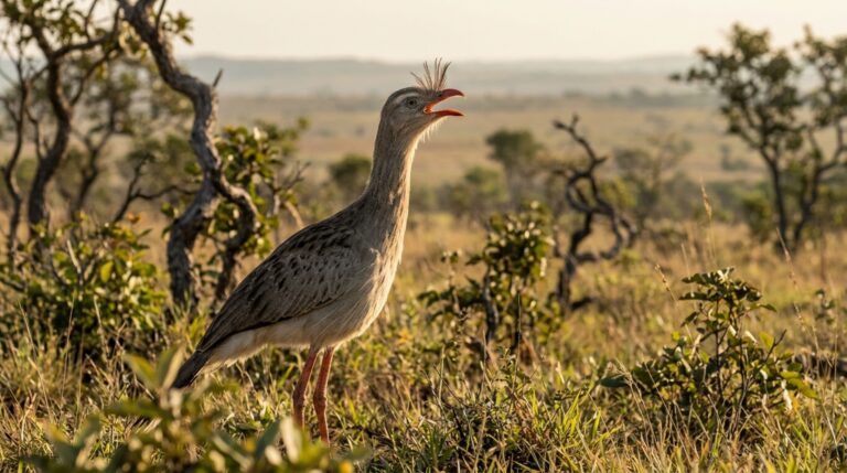 A seriema-de-perna-vermelha está entre as aves com vocalizações mais intensas já medidas, alcançando chamados superiores a 120 decibéis