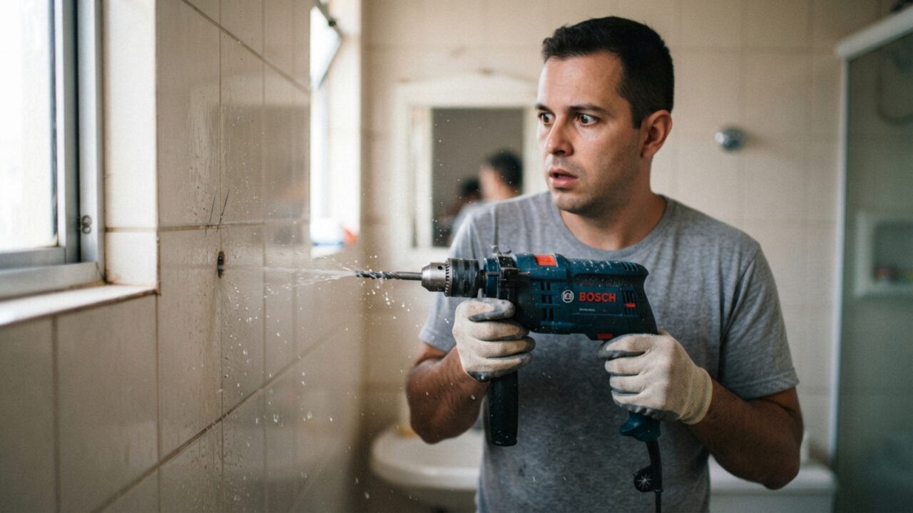Morador instala prateleiras pesadas na parede da lavanderia e só depois descobre que os parafusos atingiram uma tubulação embutida que atendia o banheiro do outro lado