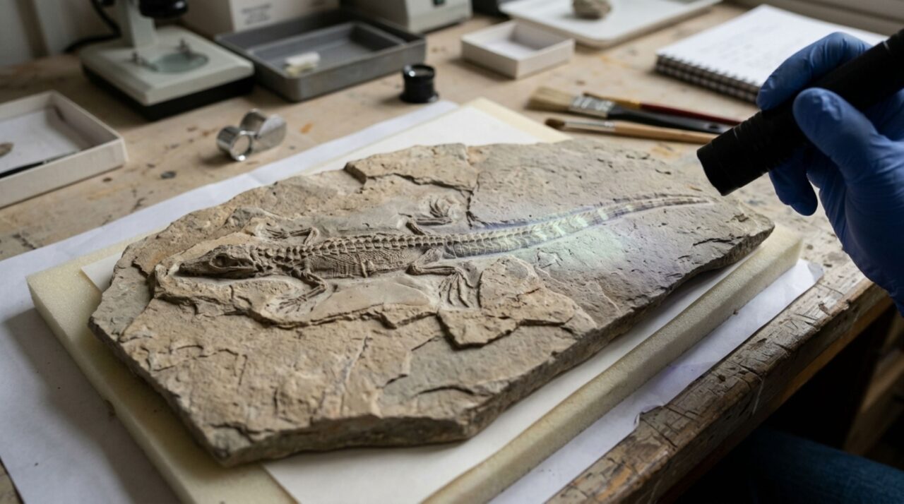 Reconstrução hipotética do Montsecosuchus depereti, pequeno crocodilomorfo de 125 milhões de anos cuja cauda pode ter apresentado faixas de camuflagem